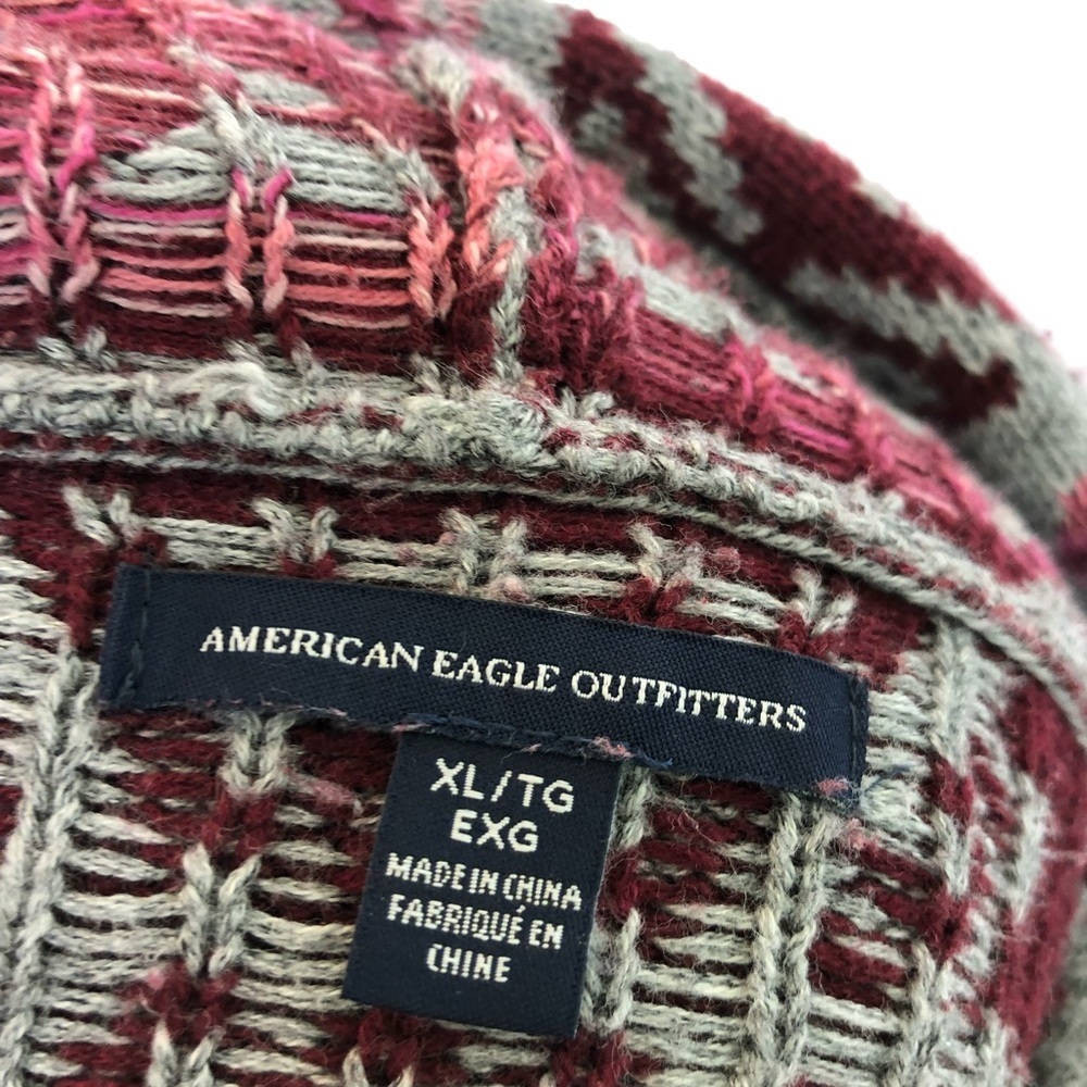 American Eagle Tribal Baja Hoodie Sweater Pullover Boxy Cotton Gray Red XL Boho - Picture 6 of 7